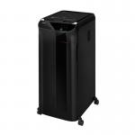 The image shows a sleek, modern Fellowes office shredder in medium size. The specific model is the Automax 350C, with a cross cut feature for secure shredding. The shredder is in the P-4 security level and has a reference number of 4964101.