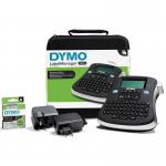 This picture shows a complete DYMO LabelManager 210D kit with its case, ready for use. The sleek label maker features the Newell Brands logo and sleek design, while the case is compact and convenient for storage and transport.