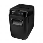 In the photo, there are two Fellowes Medium Office Shredders, the Automax 200M Shredder and the Micro Cut P-5 Ref 4656401. They are both in a sleek black color and have a modern design. The shredders are placed side by side on a desk, with paper being fed into them. The shredded pieces of paper can be seen spilling out into a bin below. The sharp blades of the shredders can be seen in action, quickly cutting through the paper.