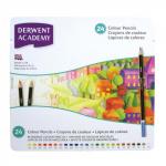 This photo captures a set of Derwent Colouring Pens & Pencils, specifically the Derwent Academy Colouring Pencils. The tin includes 24 assorted colors, each made with high-quality pigments. These vibrant pencils are perfect for any coloring project.