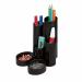 The image shows a black Deflecto Europe Desk Sets & Tidies Desk Tidy with 6 variable sized compartment tubes. The desk tidy is designed to help organize small office supplies and features several compartments for storage. Its sleek black design adds a modern touch to any desk or workspace.