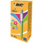 The picture shows a pack of 12 Bic Ballpoint Pens, each with a 4-colour design. The pens have a fun and vibrant look with pink, purple, turquoise, and lime green colours. They have a 1.0mm tip and produce a 0.32mm line. The vibrant colours and precise lines make these pens stand out and perfect for everyday use.