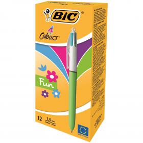 Bic 4-Colour Fun Ball Pen 1.0mm Tip 0.32mm Line Pink Purple Turquoise Lime Green Ref 982870 Pack of 12 263724