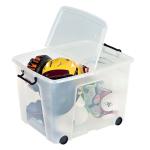 Strata Smart Box Clip-On Folding Lid Carry Handles 75 Litre Clear with Black Wheels Ref HW676CLR 282705