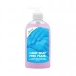 The image shows six bottles of 2Work Hand Wash, each containing 300ml of Pink Pearl scented hand soap. The label on the bottle displays the brand name and logo, along with the product name. The bottles are arranged neatly in a row with a light pink background, highlighting the delicate pearl color of the soap. The packaging is simple yet eye-catching, making it a great addition to any bathroom or workplace.