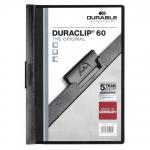 The image shows a pack of 25 durable clip files. Each file has a clear PVC front and a 6mm black spine. The files are designed to hold up to 60 sheets of A4 paper securely. The front cover can easily be opened and closed with the durable duraclip mechanism. The files are sleek and professional, making them perfect for organizing documents in any office setting.