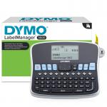 The picture shows a Newell Brands Label Maker, specifically the Dymo LabelManager 360D. It has a 2-line display and is able to print 2 lines of text. It can print on label sizes of 6, 9, 12, and 19mm using D1 refills. The product number is S0879490 and it is also known as 362323.