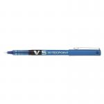 This image features a pack of 12 Pilot V5 Hi-Tecpoint Rollerball Pens. The pens have a sleek and slim design with a clear, blue body. The top of the pen has a small, metal clip for easy portability. The pen tip is 0.5mm, allowing for precise and smooth writing. The pen dispenses liquid ink in a 0.3mm line. Overall, the pens have a professional and modern appearance, perfect for any writing task.