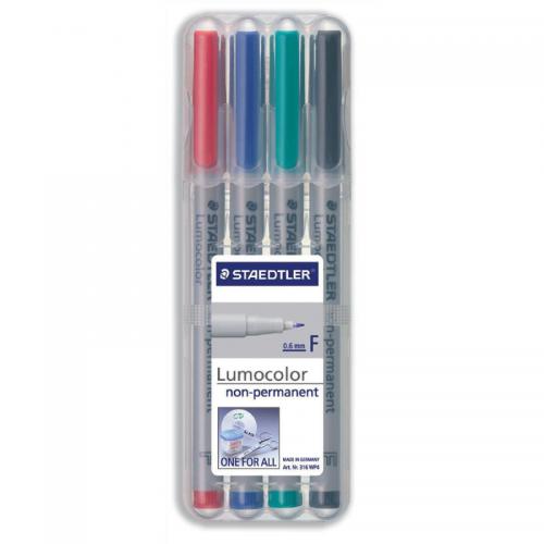 The photograph shows a set of Staedtler OHP markers, specifically the 316 Lumocolor pen with a fine 0.6mm line. They are non-permanent and come in a range of assorted colors in a convenient wallet of 4. The markers are sleek and professional-looking, with clear labels and a comfortable grip for precise writing.