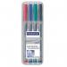 The photograph shows a set of Staedtler OHP markers, specifically the 316 Lumocolor pen with a fine 0.6mm line. They are non-permanent and come in a range of assorted colors in a convenient wallet of 4. The markers are sleek and professional-looking, with clear labels and a comfortable grip for precise writing.