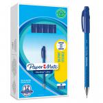 The photograph features a pack of sleek, blue ballpoint pens from Newell Brands. Each pen has a 1.0mm tip that produces a neat 0.7mm line. The pens are from the Paper Mate Flexgrip Ultra collection and come in a convenient pack of 12. The image showcases the pens modern design and smooth, comfortable grip.