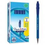 The picture shows a pack of 12 Newell Brands Paper Mate Flexgrip Retractable Ultra Ball Pens in blue. The pens feature a medium 1.0mm tip and a 0.7mm line, providing smooth writing and clean lines. The retractable design allows for convenient use, with a sturdy grip for comfortable writing. Perfect for any writing task, these ballpoint pens are a reliable addition to any office or school supply collection.