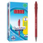 The image shows a pack of 12 medium-tipped red ballpoint pens from Newell Brands. The pens have a retractable design and feature a comfortable grip for writing. The pens create a 0.7mm line and have a 1.0mm tip.