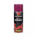 This photograph showcases a 3M Spray Adhesive Scotch DisplayMount Heavy Duty Contact Adhesive. The 400ml can is prominently displayed, with the 3M logo and product name clearly visible. The label states the product name, and additional information is listed in smaller text. The adhesive is shown in use on a surface, demonstrating its heavy-duty capabilities. The background is plain and uncluttered, making the product the main focus of the image.