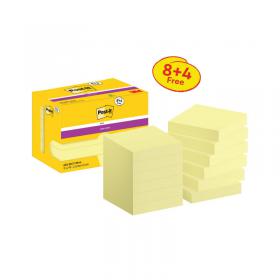 Post-it Super Sticky Notes 47.6x47.6 90 Sheets Canary Yellow VALUE PACK 8 + 4 FREE (Pack of 12) 622- 3M06572