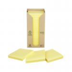 A stack of 16 eco-friendly Post-it Sticky Notes, each measuring 76x76mm, canary yellow in color. The packaging is made from recycled cardboard, making it environmentally friendly. Perfect for note-taking, organizing, and easy to find on any desk.