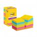 This photo features 12 packs of Post-it Extra Sticky Notes, each with 76x76mm size and bold Rio color. The notes come in a sturdy cardboard packaging to keep them organized. Perfect for color-coding and prioritizing notes and reminders.
