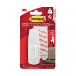 The photograph shows a white 3M Command adhesive hook, with two adhesive strips, designed for fastening items securely. The hook features a loop fastener for easy hanging, and is perfect for organizing and decorating any space.