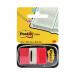 In the picture, there are multiple Post-it index tabs and page markers in the color red. They are neatly stacked in a dispenser, with the tabs measuring 25mm in size. The 3M logo can be seen on the packaging.