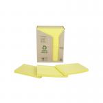 An image of a pack of Post-it & Re-Move Products, including recycled notes in a bright canary yellow color. The 76x127mm notes come in a pack of 16, with 100 sheets each. The packaging is made of cardboard.