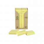 The picture shows a pack of 24 Post-it 38x51mm recycled notes in a cardboard packaging. The notes are in vibrant canary yellow color and each pack contains 100 sheets.