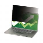 The photo shows a sleek, black 3M Monitor Privacy Filter designed for 24-inch widescreen desktops in a 16:10 aspect ratio. The filter provides enhanced privacy for sensitive work or personal information with its dark tint and durable construction.