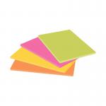The image shows four packs of vibrant neon-colored Post-it Extra Sticky Notes, each with 149x98mm meeting sizes. The notes are super sticky, making them perfect for keeping important reminders and messages in place.