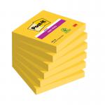 A stack of bright yellow Post-it Extra Sticky Notes, each measuring 76x76mm, with 90 sheets per pack. The ultra sticky adhesive ensures they stay put on any surface. This pack contains 6 packs for a total of 540 notes.