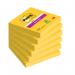 A stack of bright yellow Post-it Extra Sticky Notes, each measuring 76x76mm, with 90 sheets per pack. The ultra sticky adhesive ensures they stay put on any surface. This pack contains 6 packs for a total of 540 notes.