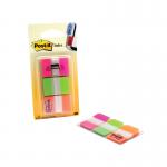 The image shows a pack of 66 Post-it Index Tabs and Page Markers in a vibrant array of colors: pink, green, and orange. The tabs are strong and full-color, perfect for organizing and marking important pages.