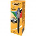 In the picture, there are 12 Bic Ballpoint Pens displayed. Each pen has a medium 1.0mm tip and writes with a 0.32mm line thickness. The pens come in four colors: blue, black, red, and green. They are housed in a pack of 12, with a label that reads Bic 4-Colour Grip Pro Ball Pen. Each pen has a comfortable grip for easy use.