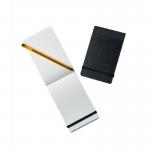 The photograph shows a black Sinclairs Notebooks Silvine Elasticated Pocket Notebook. It is 75gsm and has ruled pages with a total of 160 pages. The notebook measures 78x127mm and comes in a pack of 12.