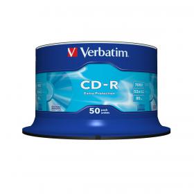 Verbatim CD-R Recordable Disk Write-once on Spindle 52x Speed 80min 700Mb Ref 43351 [Pack 50] 402328