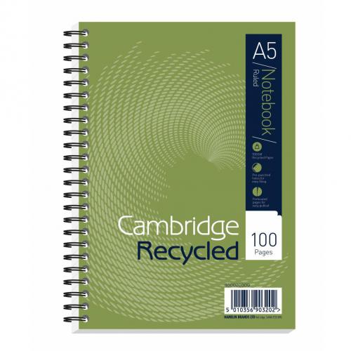Cheap Stationery Supply of Cambridge Recycled Notebook Wirebound 70gsm Ruled Perf Punched 2 Holes100pp A5 400020509 Pack of 5 4028871 Office Statationery