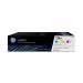 The picture shows a pack of three HP 126A laser toner cartridges in cyan, magenta, and yellow colors. The label on the pack reads HP Ink Cartridges and includes the model number CF341A. Each cartridge has a page life of 1000 pages. The pack is neatly packaged and ready to be used.