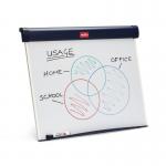 The picture shows an ACCO Brands flipchart easel, specifically the Nobo Barracuda model, with a whiteboard surface. It can be used on desktops and is equipped with magnets for holding notes or other important items. The dimensions of the easel are W750xD105xH655mm. A B1 flipchart and marker are also included in the picture.