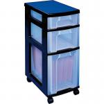 This photograph features a storage tower with 3 drawers, made of polypropylene material. The tower is black and clear in color, and has dimensions of W300xD420xH690mm. The drawers have 7L, 12L, and 25L capacities, perfect for organizing various items.