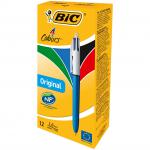 The photograph captures a set of Bic 4-Colour Ballpoint Pens in blue, black, red, and green. Each pen has a medium 1.0mm tip and produces a precise 0.32mm line. The pack contains 12 pens and is labeled with the Bic logo. The pens are neatly arranged and displayed, showcasing their sleek design and functionality.