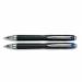 The photograph captures a pack of 12 Mitsubishi Pencil Company Rollerball Pens, specifically the Uni-ball Jetstream RT model. The retractable pens feature a 1.0mm tip and write a 0.45mm line in a bold black color. The sleek design of the pens is shown in the image, highlighting their high-quality and functionality.