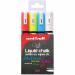 The photo shows four Mitsubishi Pencil Company chalk markers, specifically the Uni Chalk Marker model with a medium bullet tip. The markers are in a wallet and come in assorted colors. The line width is between 1.8-2.5mm.