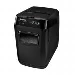 The picture shows a compact yet powerful Fellowes Small Office Shredder with the convenient AutoMax feature. It has a sleek cross cut design and a P-4 security level for efficient document disposal. Ideal for any small office setting.