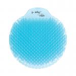 The photo features a row of toilet blocks from Waypoint Corporation, equipped with P-Wave urinal screens in an ocean mist color. These screens are part of a pack of 10 and can be seen hanging in the urinals.