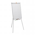 The photograph shows a sturdy tripod easel made of melamine material, with a non-magnetic white board measuring 690x1000mm and a total height of 1900mm. The easel is designed by ACCO Brands and features Nobo Cls technology for easy flipping and adjusting. The crisp white surface provides a clean backdrop for presentations or brainstorming sessions.