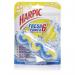 A photo of Reckitt Benckiser Group plc Toilet Blocks Harpic Fresh Power Blocks in Summer Breeze scent. The blocks are blue and white with a strong, refreshing aroma. They sit on a shiny surface, ready to be placed in a toilet.