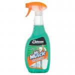 A photo of SC Johnson Window Cleaning Mr Muscle Window & Glass Cleaner shows a blue bottle with a red and white label. The liquid inside is clear and the bottle has a spray nozzle. The background features a window and a shiny glass surface, suggesting the products effectiveness in cleaning windows and glass.