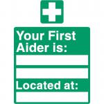 Stewart Superior Your First-Aider Is Located At Sign W150XH200mm Self Adhesive Sign Ref SP049SAV 4107085