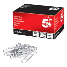 5 Star Office Paperclips Metal Large Length 33mm Plain Pack of 100 505337