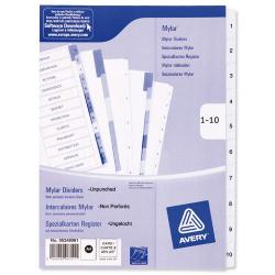 Cheap Stationery Supply of Avery Index Mylar 1-10 Unpunched Mylar-reinforced Tabs 150gsm A4 White 05248061 Pack of 10 598365 Office Statationery