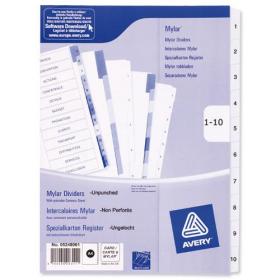 Avery Index Mylar 1-10 Unpunched Mylar-reinforced Tabs 150gsm A4 White Ref 05248061 [Pack 10] 598365