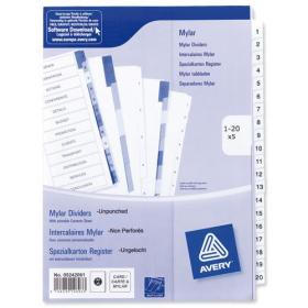 Avery Index Mylar 1-20 Unpunched Mylar-reinforced Tabs 150gsm A4 White Ref 05242061 Pack of 5 598403